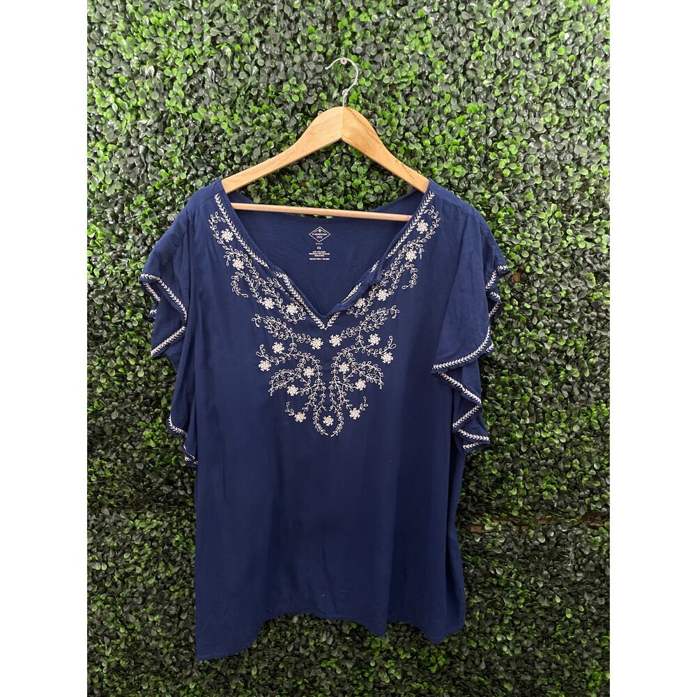 St. John's Bay Navy Blue Embroidered Flutter Sleeve Top